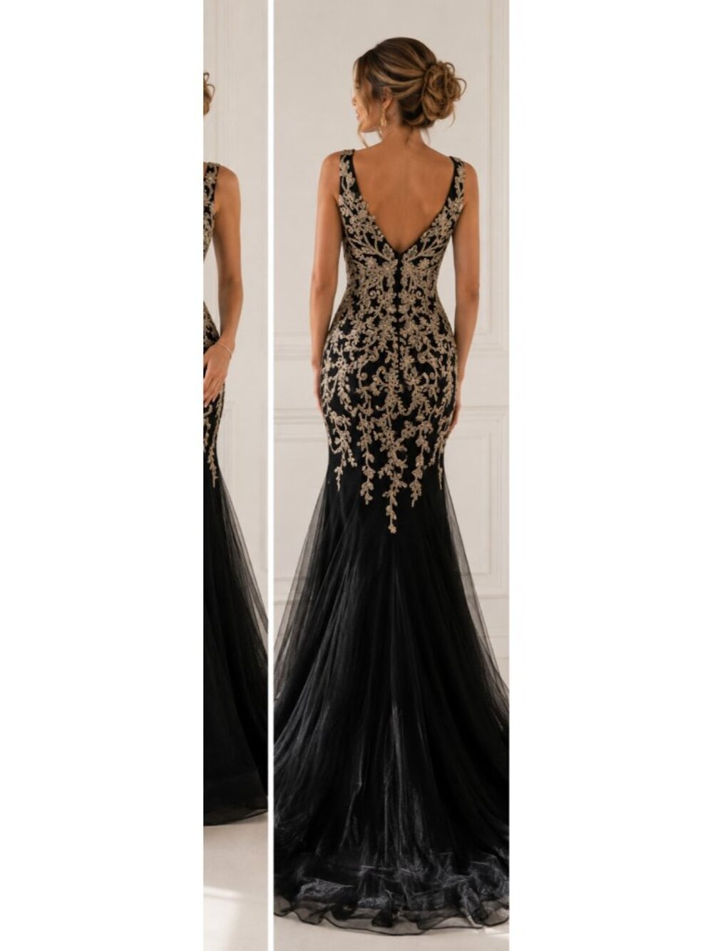 JVN by Jovani Black Gold Embroidered Mermaid Evening Gown Prom Formal Dress 2 - Picture 6 of 15